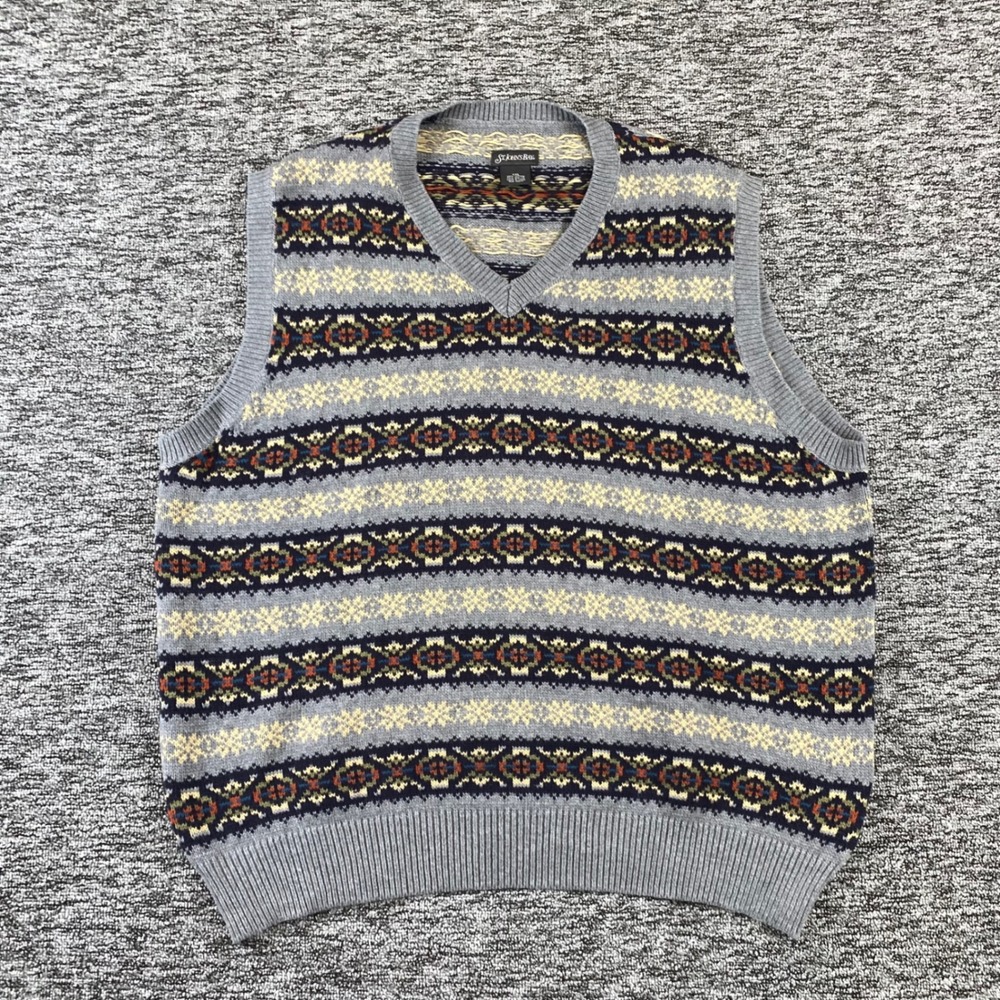 St Johns Bay Mens XXL Fair Isle Sweater Vest Gray Nordic V Neck Cotton Blend